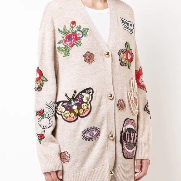 Alice + Olivia Bradford Embellished Grandpa Cardigan Butterfly Hamsa LOVE XS - Picture 2 of 16